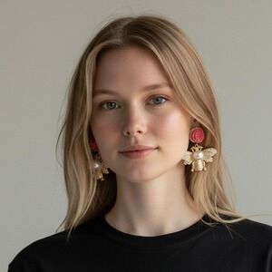 Bee bumblebee Pink Rose Pearl Crystal Drop Earrings Gold nature-inspired glamour